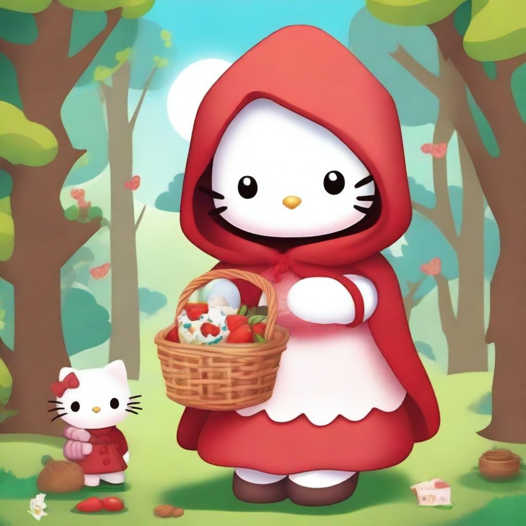 A cute Hello Kitty character dressed up as Little Red Riding Hood