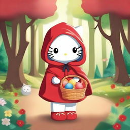 A cute Hello Kitty character dressed up as Little Red Riding Hood