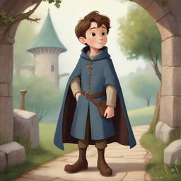 Disney style illustration of a cute boy dressed in a medieval long coat, bringing to life the charming and whimsical nature of the character.