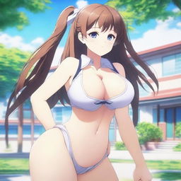 An anime-style character wearing a school uniform with a bikini underneath