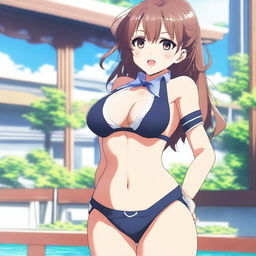 An anime-style character wearing a school uniform with a bikini underneath