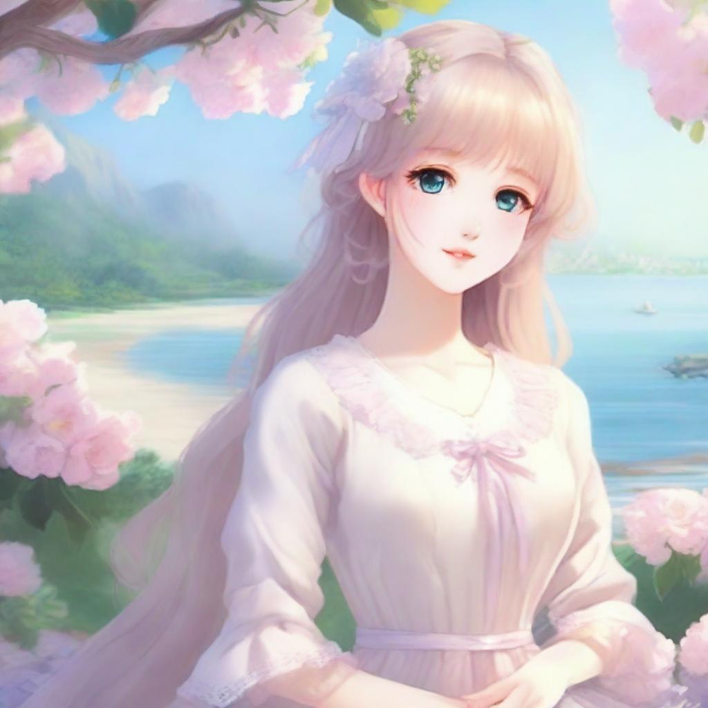 Create an idyllic waifu character in a serene setting, with soft, pastel colors and a dreamy atmosphere