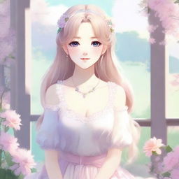 Create an idyllic waifu character in a serene setting, with soft, pastel colors and a dreamy atmosphere