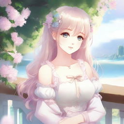 Create an idyllic waifu character in a serene setting, with soft, pastel colors and a dreamy atmosphere