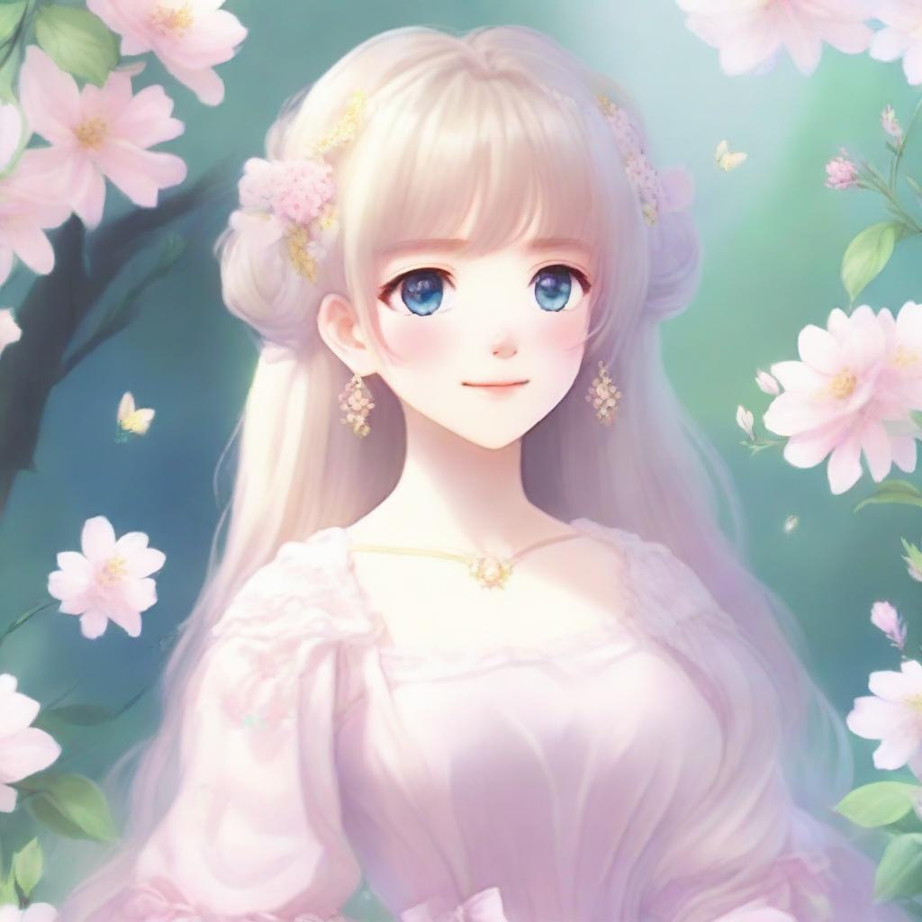 Create an idyllic waifu character in a serene setting, with soft, pastel colors and a dreamy atmosphere