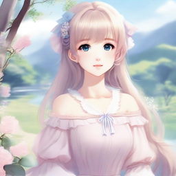 Create an idyllic waifu character in a serene setting, with soft, pastel colors and a dreamy atmosphere