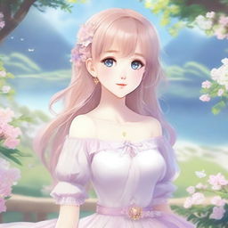 Create an idyllic waifu character in a serene setting, with soft, pastel colors and a dreamy atmosphere