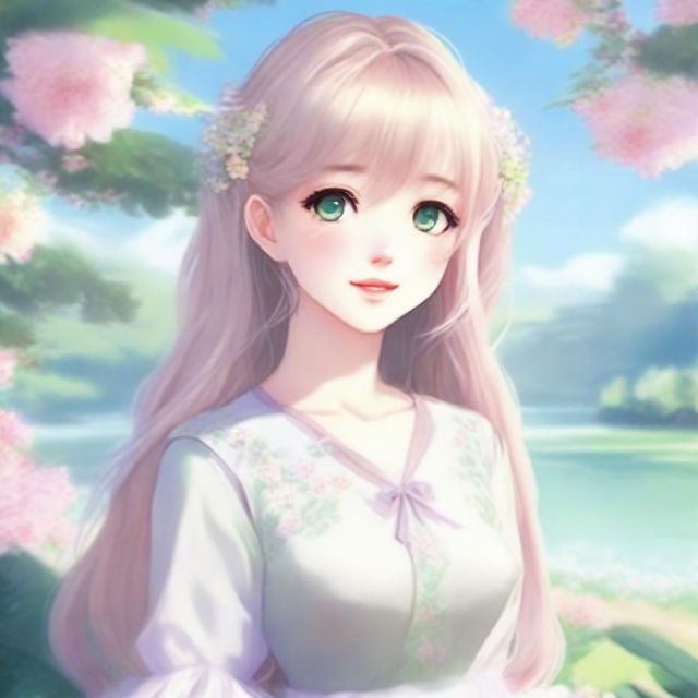 Create an idyllic waifu character in a serene setting, with soft, pastel colors and a dreamy atmosphere