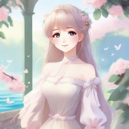 Create an idyllic waifu character in a serene setting, with soft, pastel colors and a dreamy atmosphere