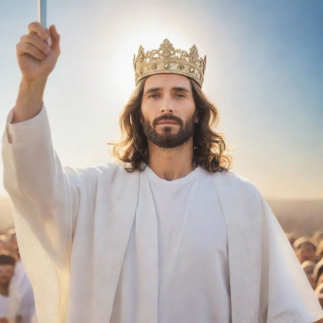 A radiant Jesus wearing a crown and white robe, leading a multitude of faithful believers wielding shining swords under a bright sky