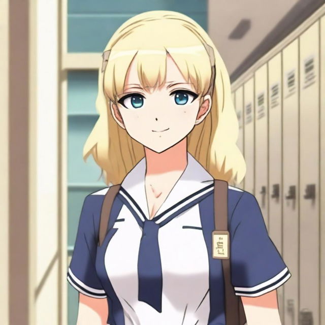 A white blonde girl with big breasts wearing a school uniform