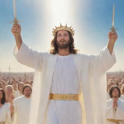A radiant Jesus wearing a crown and white robe, leading a multitude of faithful believers wielding shining swords under a bright sky
