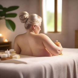 A white blonde girl with a voluptuous figure receiving an oil massage