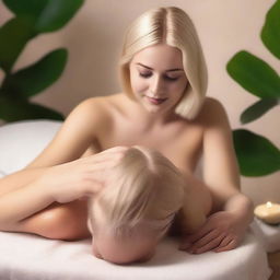 A white blonde girl with a voluptuous figure receiving an oil massage