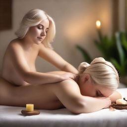 A white blonde girl with a voluptuous figure receiving an oil massage