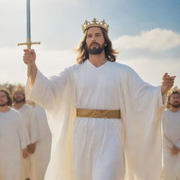 A radiant Jesus wearing a crown and white robe, leading a multitude of faithful believers wielding shining swords under a bright sky