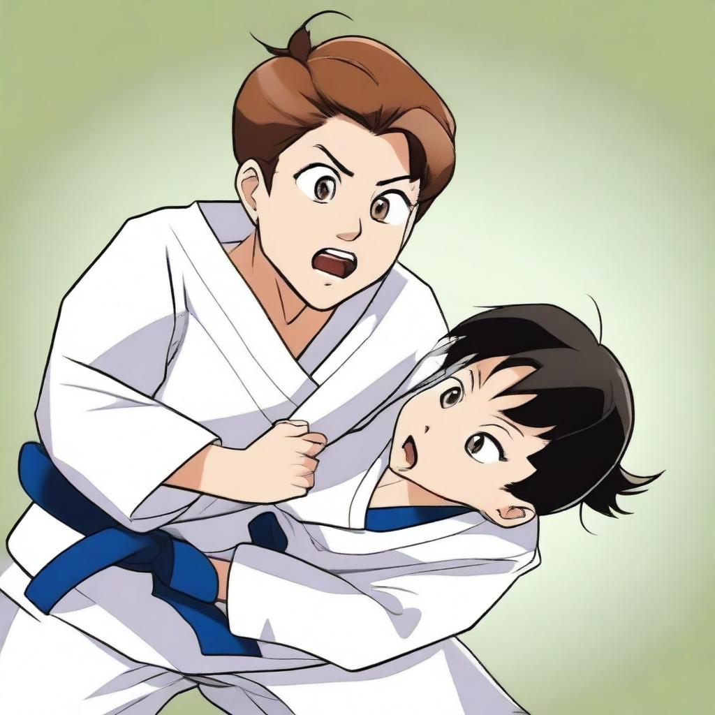 A woman wearing her judo clothes sitting on a boy's face