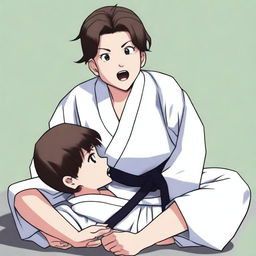 A woman wearing her judo clothes sitting on a boy's face