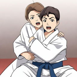 A woman wearing her judo clothes sitting on a boy's face