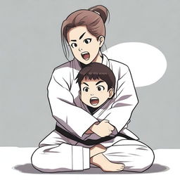 A woman wearing her judo clothes sitting on a boy's face