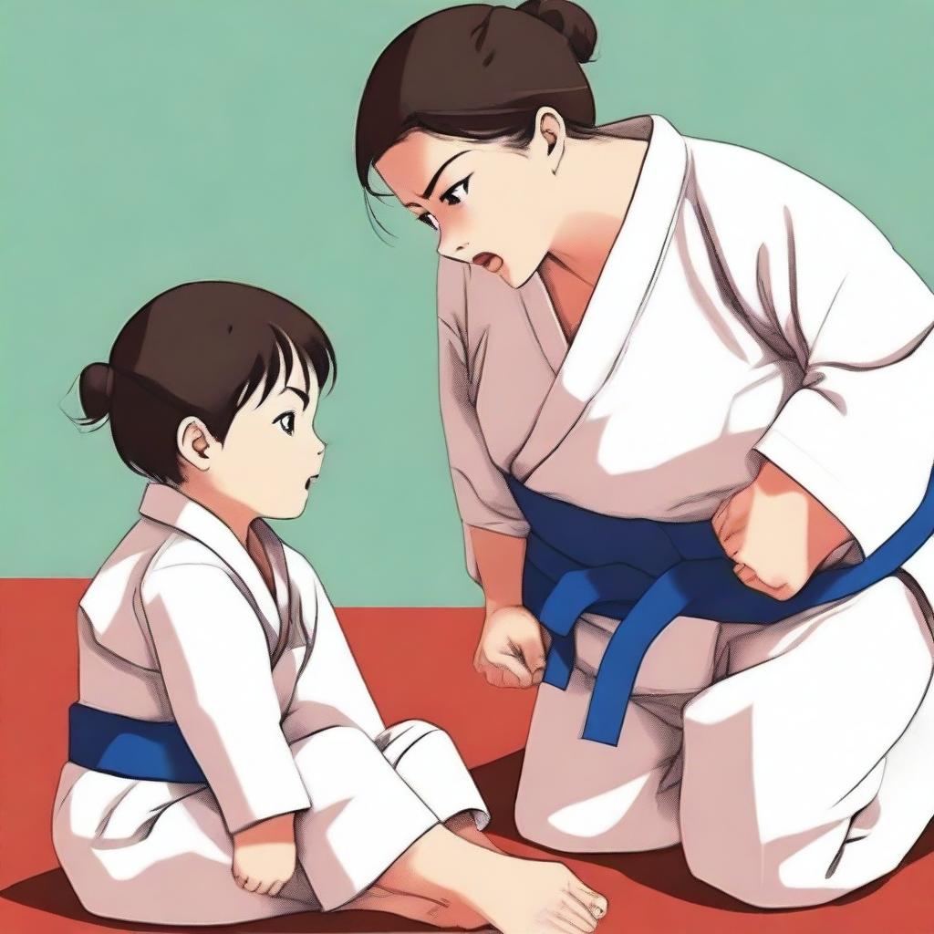 A woman wearing her judo clothes with a strong, athletic build is sitting on a boy