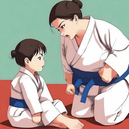 A woman wearing her judo clothes with a strong, athletic build is sitting on a boy