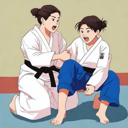 A woman wearing her judo clothes with a strong, athletic build is sitting on a boy