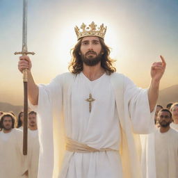 A radiant Jesus wearing a crown and white robe, leading a multitude of faithful believers wielding shining swords under a bright sky