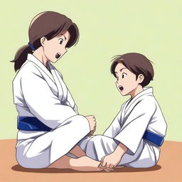 A woman wearing her judo clothes with a strong, athletic build is sitting on a boy