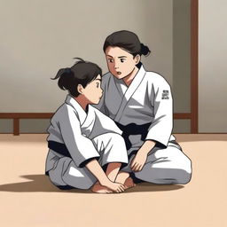 A woman wearing her judo clothes with a strong, athletic build is sitting on a boy