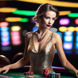 A stylish woman dressed in a glamorous evening gown, standing confidently at a casino table