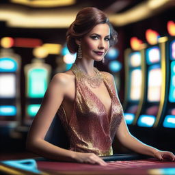 A stylish woman dressed in a glamorous evening gown, standing confidently at a casino table