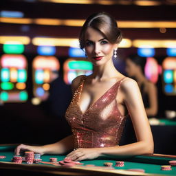 A stylish woman dressed in a glamorous evening gown, standing confidently at a casino table