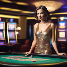 A stylish woman dressed in a glamorous evening gown, standing confidently at a casino table