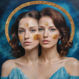 Generate an artistic acrylic portrait symbolizing the Gemini zodiac sign, embodying the characteristics and symbolism associated with Gemini.