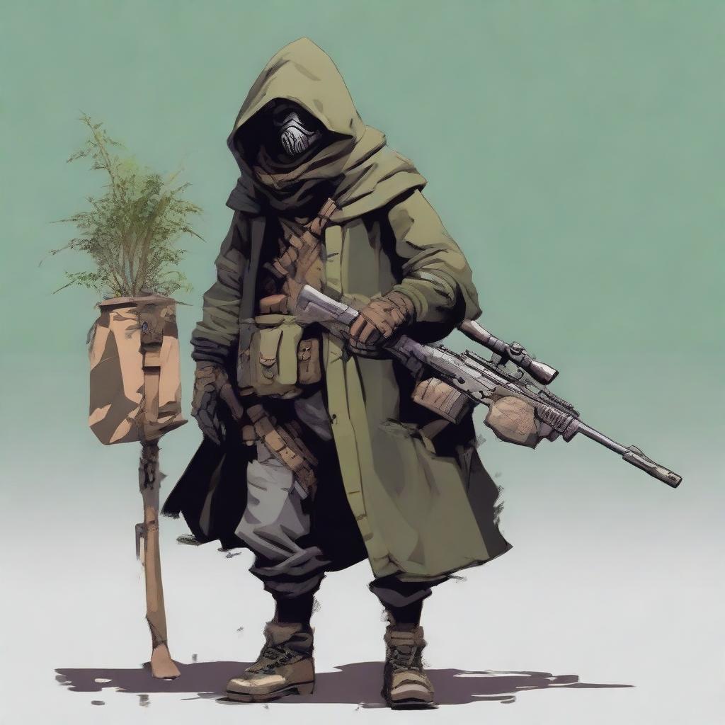 A tall thri-keen with bent knees and four lean arms, wearing rugged wasteland gear