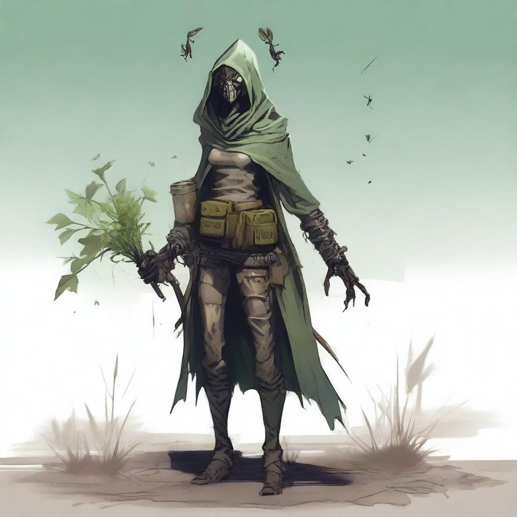 A tall female insectoid with four arms, wearing rugged wasteland gear