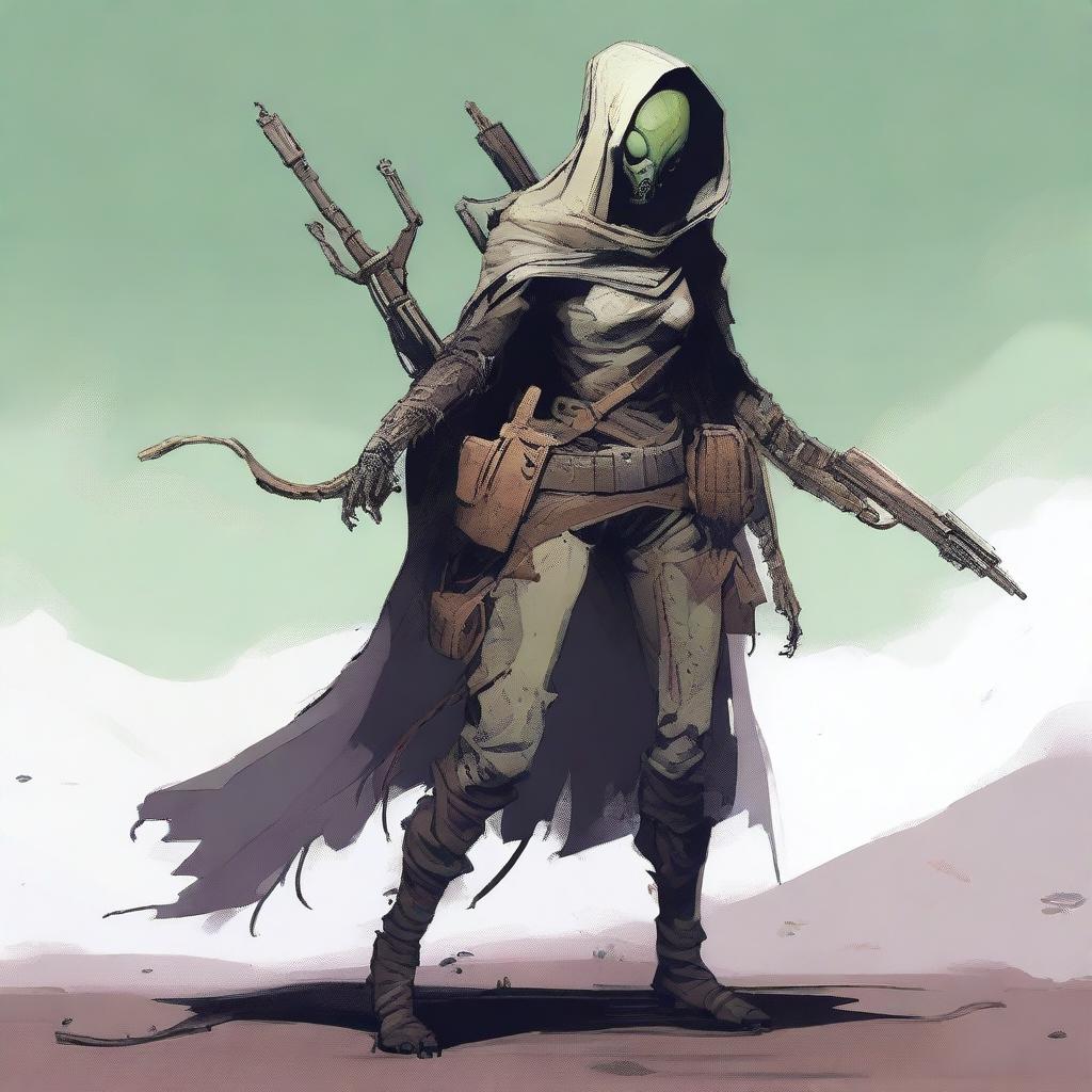 A tall female insectoid with four arms, wearing rugged wasteland gear