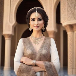 A beautiful Arabic woman with elegant attire and traditional jewelry, posing gracefully