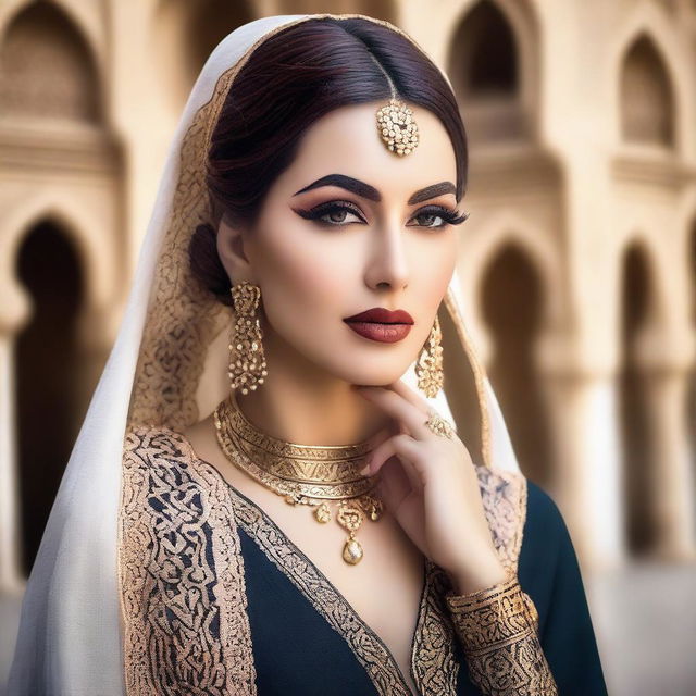 A beautiful Arabic woman with elegant attire and traditional jewelry, posing gracefully