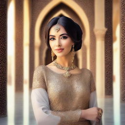 A beautiful Arabic woman with elegant attire and traditional jewelry, posing gracefully