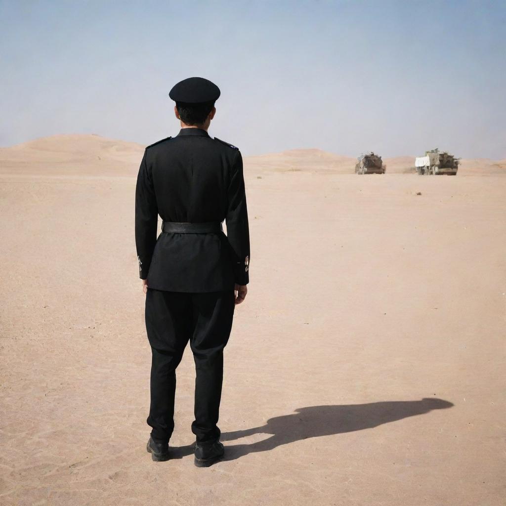 Back view of a man in a black uniform with 'Zubair' inscribed on it, standing in a desert facing an Alzarar tank.