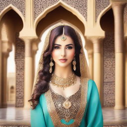 A beautiful Arabic woman with elegant attire and traditional jewelry, posing gracefully