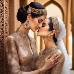 An intimate scene featuring a beautiful Arabic woman with elegant attire and traditional jewelry, sharing a gentle kiss with a fair-skinned girl