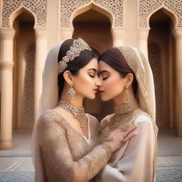 An intimate scene featuring a beautiful Arabic woman with elegant attire and traditional jewelry, sharing a gentle kiss with a fair-skinned girl