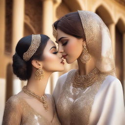 An intimate scene featuring a beautiful Arabic woman with elegant attire and traditional jewelry, sharing a gentle kiss with a fair-skinned girl