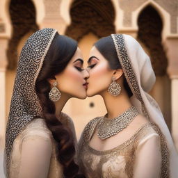 An intimate scene featuring a beautiful Arabic woman with elegant attire and traditional jewelry, sharing a gentle kiss with a fair-skinned girl