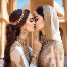 A beautiful Arabic woman with elegant attire and traditional jewelry, sharing a gentle kiss with a fair-skinned girl