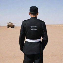 Back view of a man in a black uniform with 'Zubair' inscribed on it, standing in a desert facing an Alzarar tank.