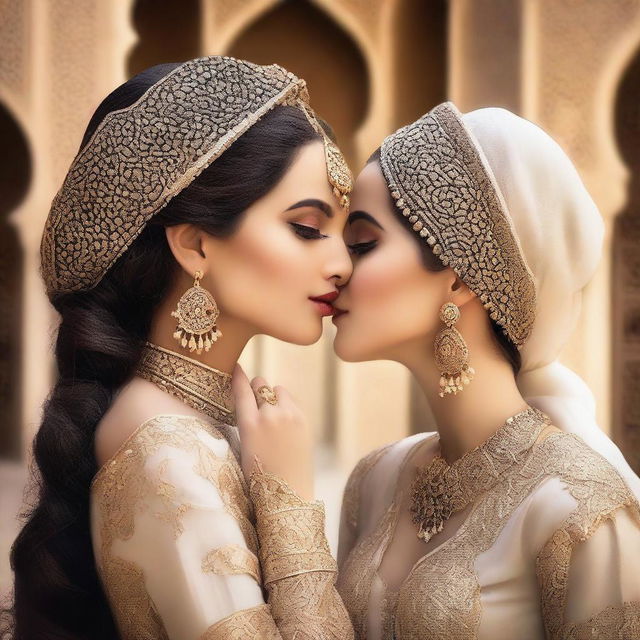 A beautiful Arabic woman with elegant attire and traditional jewelry, sharing a gentle kiss with a fair-skinned girl